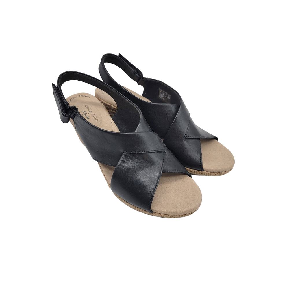 Collection by Clark Women's Sz 9 Sling Back Wedge Sandals Black Ultimate Comfort